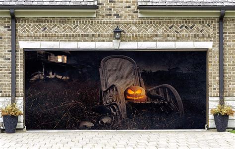 Halloween garage door cover. Go big with a garage door cover or a scary mural. This is probably the easiest way to make a big statement. via: amazon. Another fun mural is this mummy door. This one is available to purchase, however, I think this one would be a relatively easy DIY using cheesecloth.